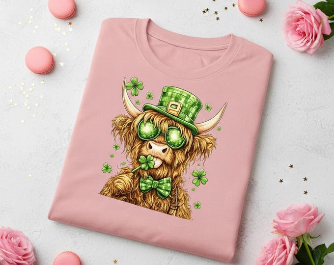 Lucky Highland Cow St Patricks Day Shirt, Cool Cow with Sunglasses Leprechaun Hat Sweatshirt, Funny Irish Cow Hoodie, Cow Lover Gift