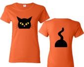 Halloween Black CAT Front Back Lady Tee Shirt Cat Head Teal Halloween Costume Tshirt