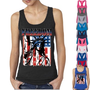Freedom The Statue of Liberty Lady TANK TOP Patriotic Tattered Vintage USA Flag Women tee shirt American Flag Womens Tee Racerback Tank Top