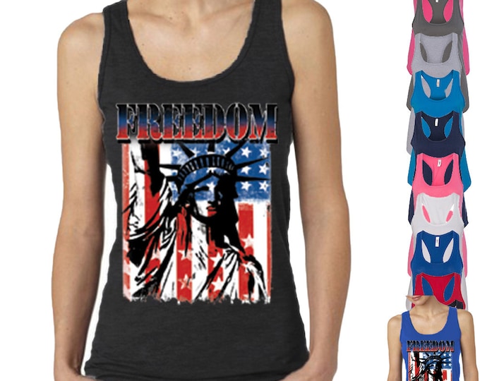 Freedom The Statue of Liberty Lady TANK TOP Patriotic Tattered Vintage USA Flag Women tee shirt American Flag Womens Tee Racerback Tank Top