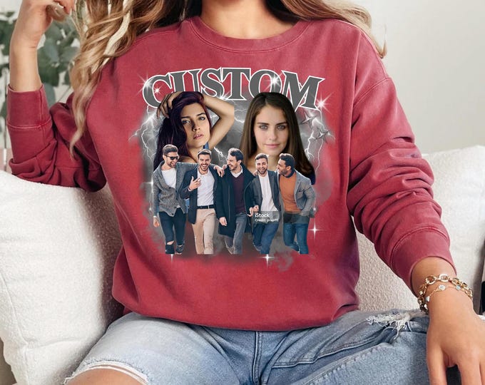 Personalized Retro Sweatshirt, Comfort Colors Custom Girlfriend Bootleg Crewneck, Boyfriend Photo Sweatshirt, Sweater With His Her Face 1566