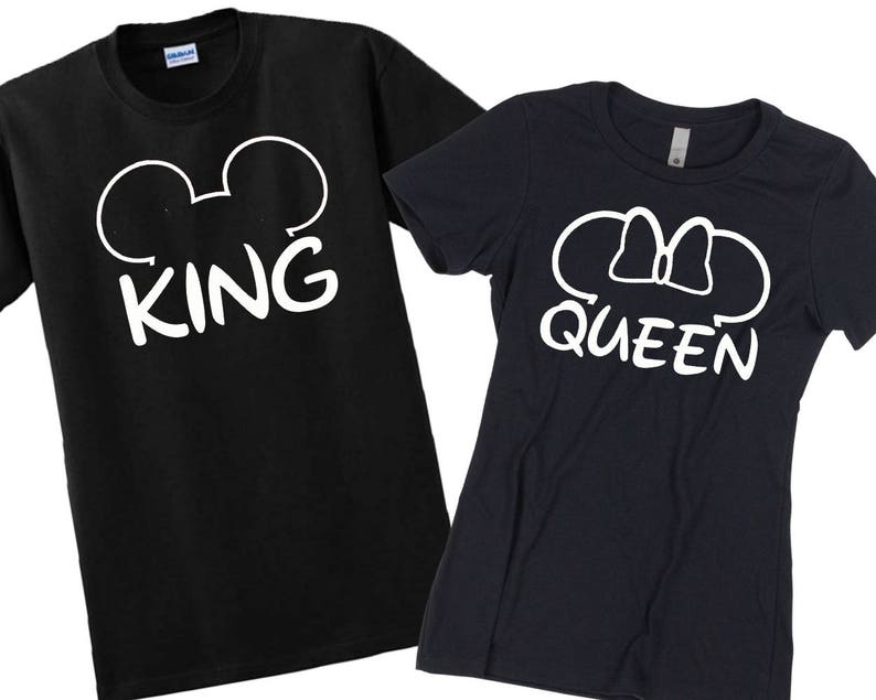 Mouse Ears King and Queen couple matching white T-shirts set. 