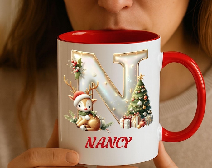 Personalized Initial Christmas Mug with Custom Name – Unisex Festive Coffee Cup – Xmas Gift