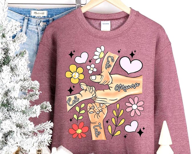 Custom Mother’s Day Sweatshirt | Personalized Hands Holding Kids and Mom | Family Names Cotton Blend Crewneck | Sentimental Gift