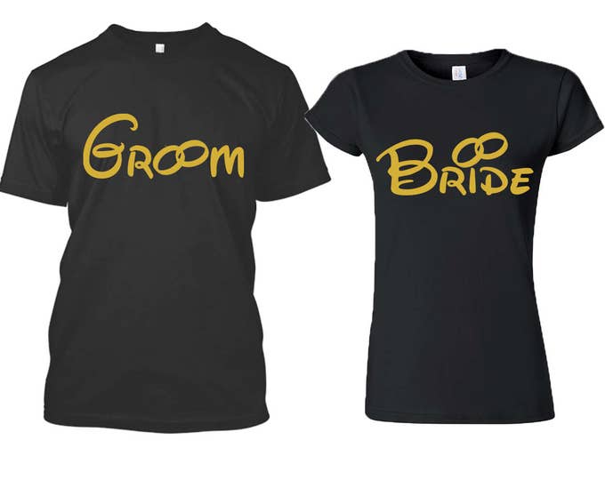 Groom Bride GOLD TSHIRT Hand Made Couple Honeymoon Tshirts Funny Wedding Couple Hubby Wifey Bride Groom Shirt Tee