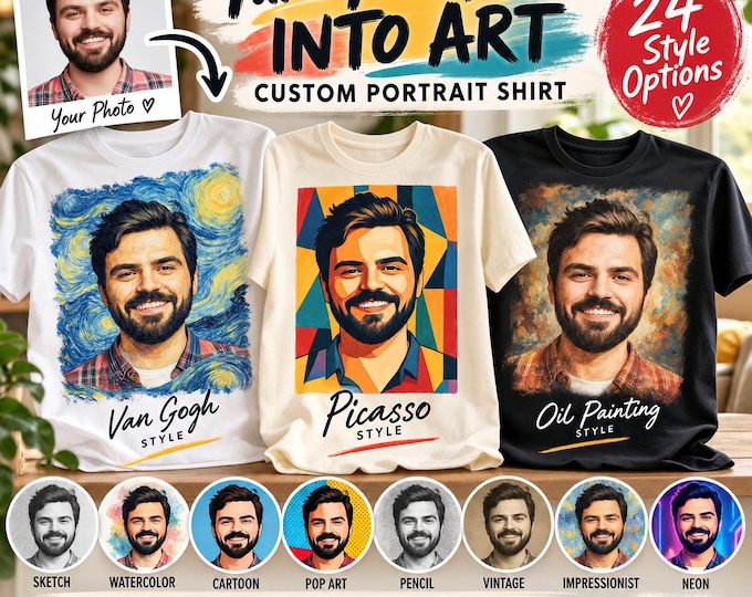 Custom Portrait Shirt From Photo, Personalized Photo T-Shirt, Custom Art Shirt, Van Gogh Picasso Oil Painting Style Gift
