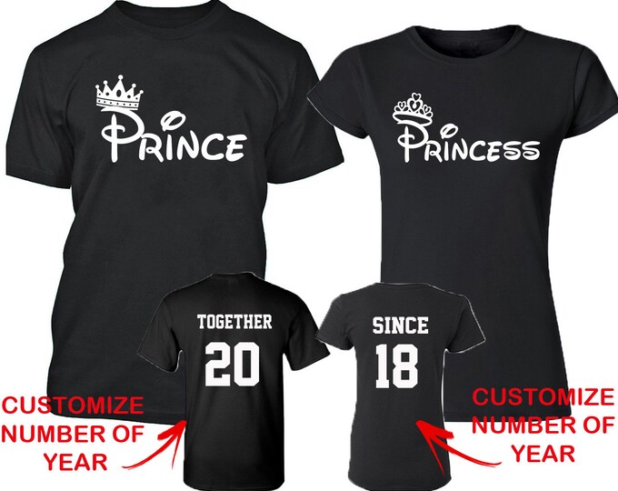 Couple Matching TSHIRT Prince Princess FASHION Together Since Back Side Date Numbers Front Back Matching Couple Tee Shirts