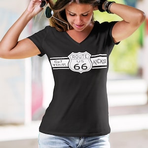 Route 66 WHITE Logo V-Neck Shirt | Vintage Travel Tee for Women | Soft Cotton Blend Retro Shirt | Road Trip Adventure Shirt | Unisex Fit