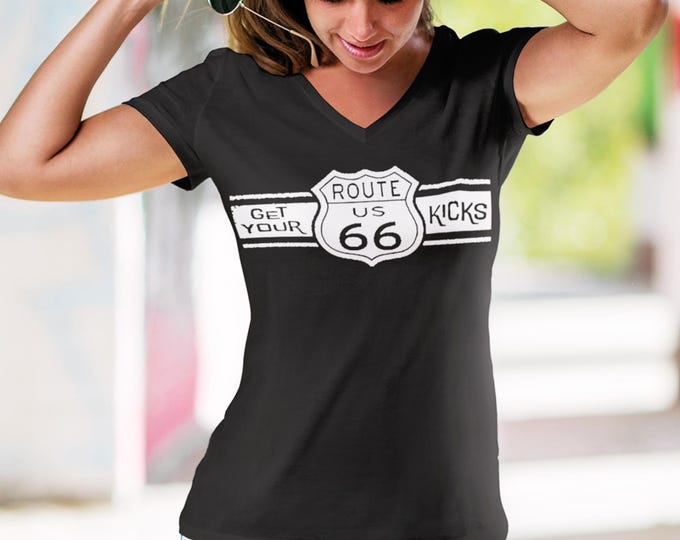 Route 66 WHITE Logo V-Neck Shirt | Vintage Travel Tee for Women | Soft Cotton Blend Retro Shirt | Road Trip Adventure Shirt | Unisex Fit