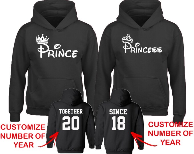 Couple Matching HOODIES Prince Princess FASHION Together Since Back Side Date Numbers Front Back Matching Couple Sweatshirts