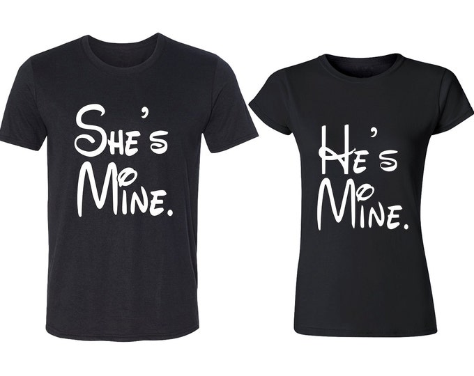 She is Mine He is Mine Cartoon LETTER Couple Tshirt Funny Cartoon Couple Tee Shirt Super Fun Matching Couple T-Shirts