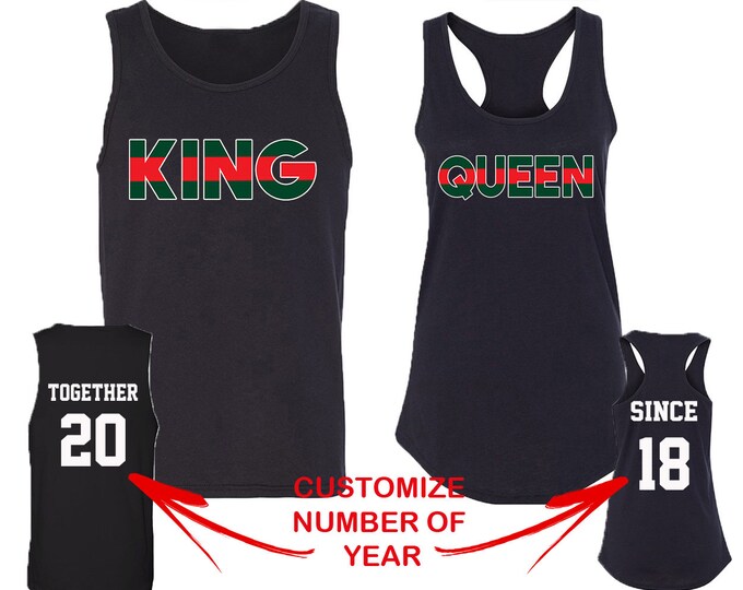 King Queen RED GREEN Couple Matching TANK Tops Together Since Back Side Date Numbers Front Back Matching Couple Tank Top Tees