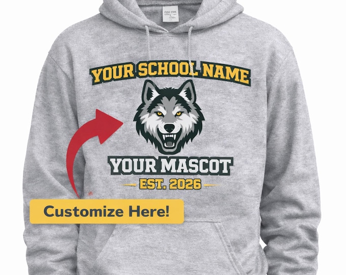 Custom School Spirit Hoodie, Personalized Wolf Mascot Shirt, Custom Back Name & Number, High School Team Sweatshirt, College Game Day Wear
