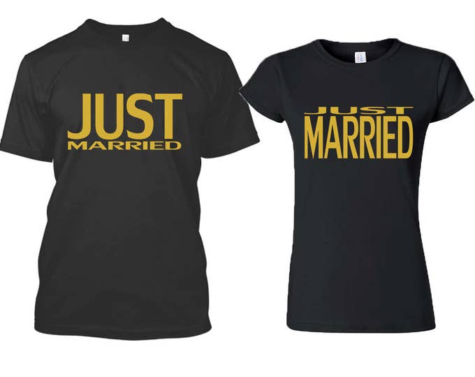 Just Married GOLD TSHIRT Hand Made Chocolate Couple Honeymoon Tshirts Funny Wedding Couple Hubby Wifey Bride Groom Shirt Tee
