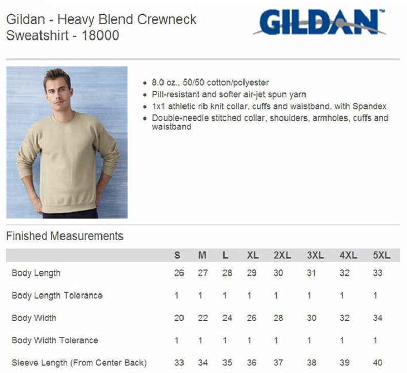 May include: A beige Gildan Heavy Blend Crewneck Sweatshirt, size chart with measurements in inches, 8.0 oz., 50/50 cotton/polyester, pill-resistant and softer air-jet spun yarn, 1x1 athletic rib knit collar, cuffs and waistband, with Spandex, double-needle stitched collar, shoulders, armholes, cuffs and waistband.