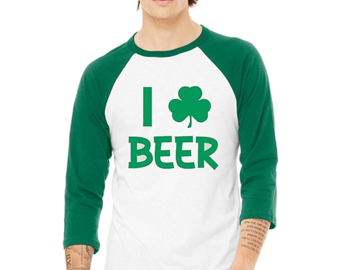 St Patrick's Day BASEBALL Raglan Shirt I Love Beer Party Clover Shamrock St Paddy's Party Name Number Personalized Tee