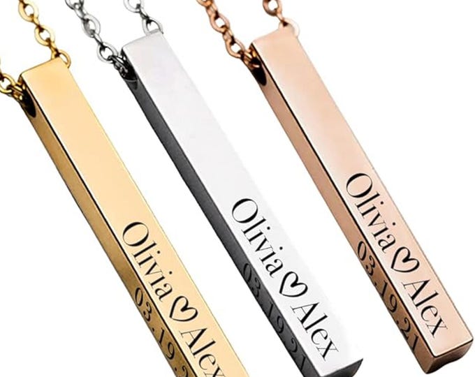 Personalized Necklace Customized Elegance 3D Vertical Bar Necklace with Engraved Name Pendant Personalized gift for mother father him her