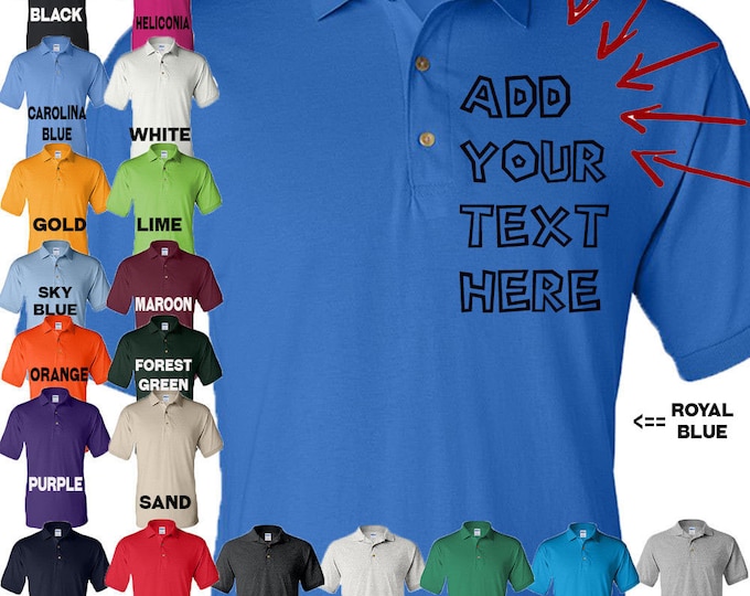 Custom ADD TEXT Gildan Mens Polo Sport Shirt Jersey UNIFORM Colors Size S-5XL