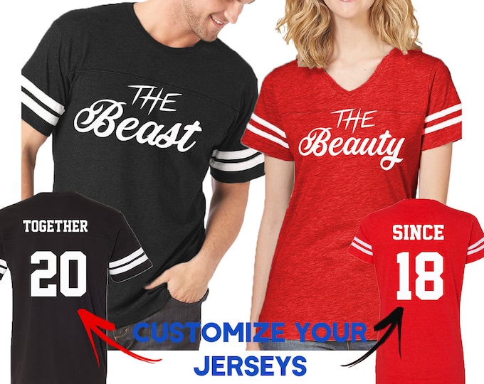Couple Matching Shirts NEW The Beast The Beauty FOOTBALL JERSEYS Together Since Customized His and Hers Love Tshirts Tees Front Back
