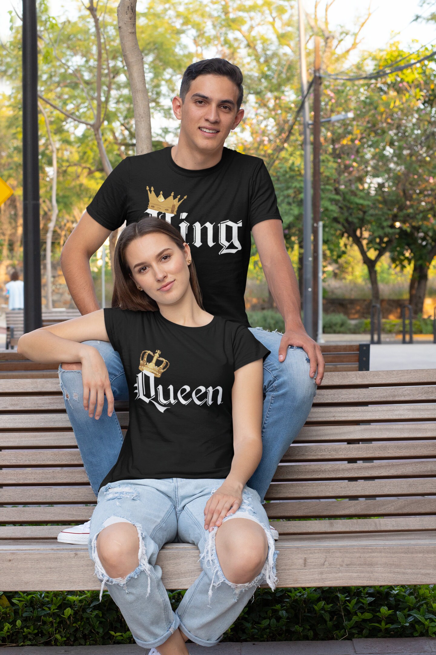 King Queen TSHIRT COLOR Gold Crown White Font Best Matching Love Couple Tee