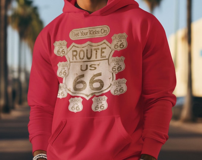 VINTAGE Route 66 Unisex HOODIE Route 66 Sweatshirt Get Your Kick On Route 66 Hoodie Retro Travel Gift – USA Highway Hoodie  Adventure Wear