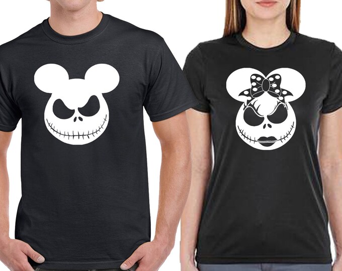 Halloween Couple Tshirt JACK SALLY White Face Halloween Party Funny Couple Matching Tee Shirts - Black - Black