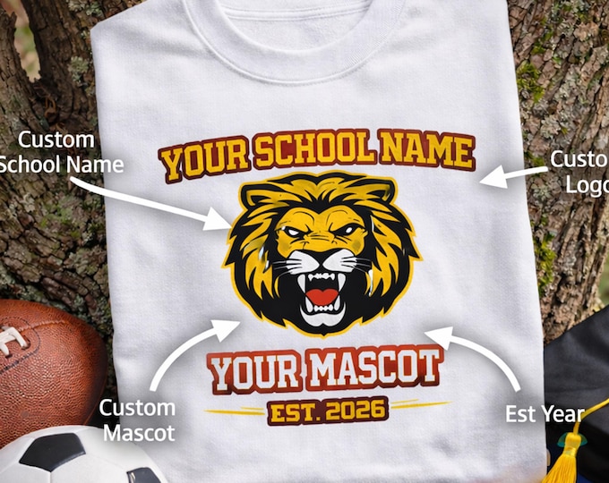 Personalized School Crewneck, Custom Mascot Sweatshirt, High School College Spirit Wear Lion Logo and team tee