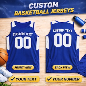 May include: Two blue basketball jerseys with white detailing and the number 00. The front jersey has "FRONT VIEW" text, and the back jersey has "BACK VIEW" text. The text "CUSTOM BASKETBALL JERSEYS" is at the top. The text "YOUR TEXT" and "YOUR NUMBER" are at the bottom.
