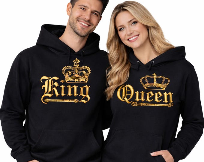 King Queen Matching Couple Hoodies: Gold Crown Sweatshirts