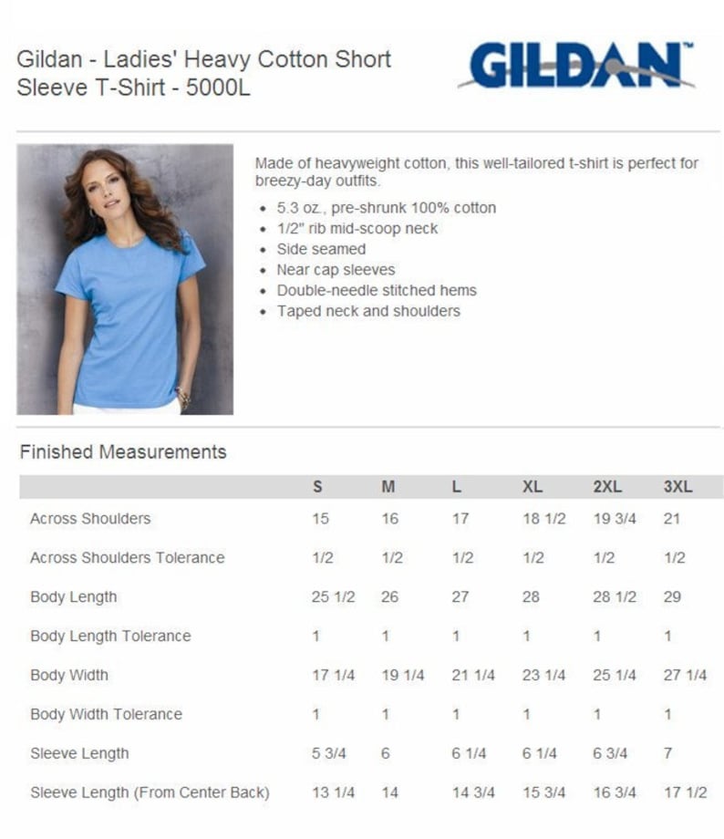 Puede incluir: Un gr&aacute;fico que muestra las medidas finales de una camiseta de manga corta de algod&oacute;n pesado Gildan para mujer en tallas S, M, L, XL, 2XL y 3XL. Las medidas se dan en pulgadas para la anchura de los hombros, la tolerancia de la anchura de los hombros, la longitud del cuerpo, la tolerancia de la longitud del cuerpo, la anchura del cuerpo, la tolerancia de la anchura del cuerpo, la longitud de la manga y la longitud de la manga desde el centro de la espalda.