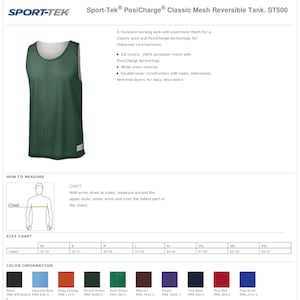 Pode incluir: Um tanque revers&iacute;vel de malha verde com o texto "Sport-Tek&reg; PosiCharge&reg; Classic Mesh Reversible Tank. ST500" no topo. O tanque tem um reverso de malha branca e &eacute; feito de malha de poli&eacute;ster de 3,6 on&ccedil;as, 100% com tecnologia PosiCharge.