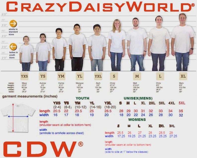 May include: Image showing a size chart for Crazy Daisy World t-shirts. The chart includes youth and unisex sizes, with measurements in inches. The chart also shows the length and width of the shirts.
