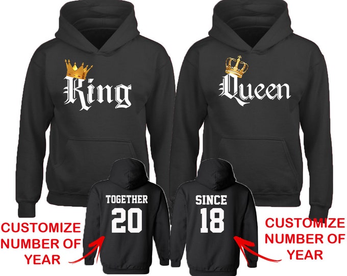 Couple Matching HOODIES COLOR King Queen Together Since Back Side Date Numbers Front Back Matching Couple Sweatshirts