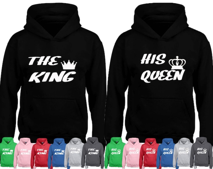 Handmade THE King His Queen Couple HOODIE Sweatshirt WHITE Design Cartoon- Funny Couple Hooded Couple Hood Sweater