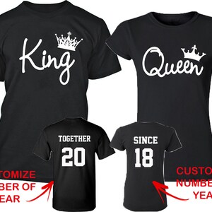 Camisetas a juego para parejas de moda King Queen Juntos Desde la parte posterior Fecha Números Parte delantera y trasera Camisetas a juego para parejas