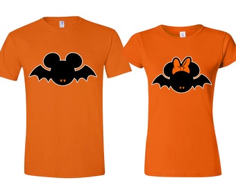 T-shirts Halloween-tekenfilm vleermuispaar: grappige bijpassende oranje T-shirts