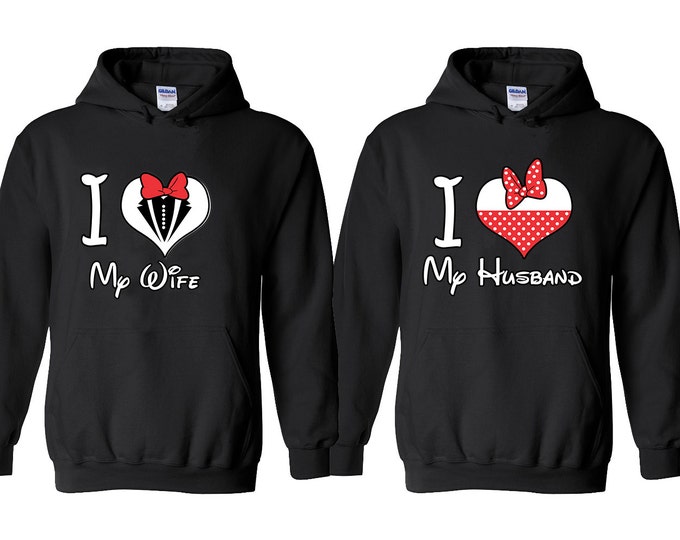 I Love My Wife I Love My Husband HOODIE Cartoon Heart Letters Couple Best Matching Hoodies