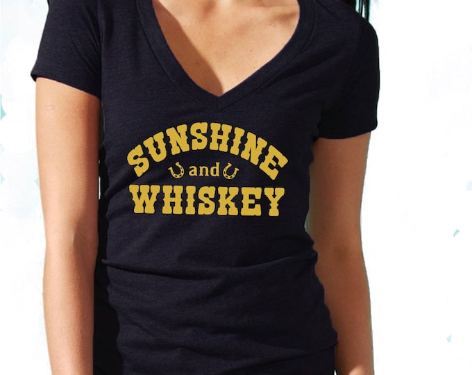 Sunshine And Whiskey Women's V-NECK TSHIRT GOLD Logo Country Girl Music Southern Tee
