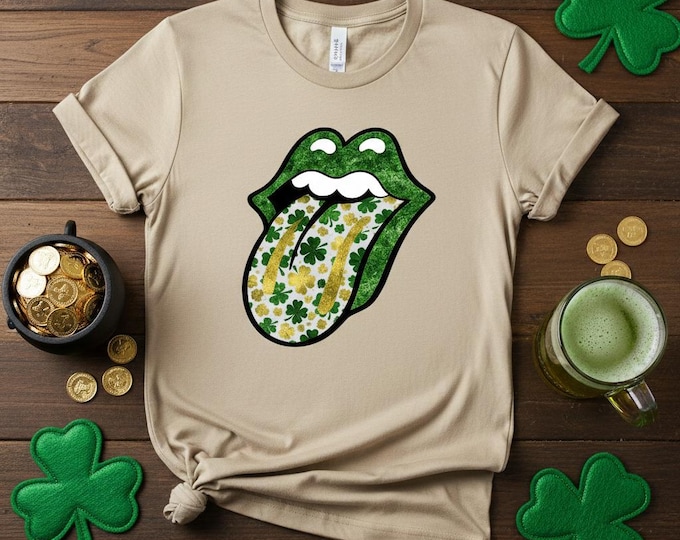 St Patricks Day Lips Shirt - Shamrock Tongue T-Shirt - Lucky Clover Sand Tee - Funny Irish Rock N Roll Top - St Paddy's Day Parade Shirt