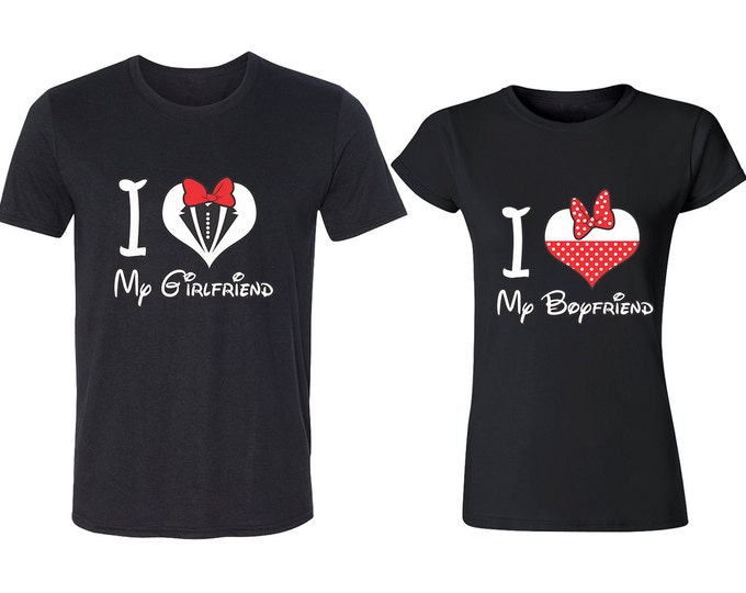 I Love My Girlfriend Boyfriend HEART Couple Tshirts Matching Tee Shirts Cartoon Style Heart Design T-Shirts