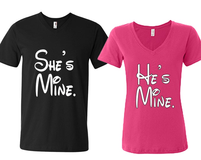 She is Mine He is Mine Disney LETTER Couple VNECK Tshirt Disney Couple V-Neck Tee Shirt Fun Matching Couple Vneck T-Shirts BLACKsHOTPINK
