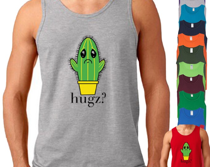 HUGZ Mens Funny Tank Top Hug Cactus Man Tee Shirt Men Funny Party Shirt Beach Tank Top All Colors