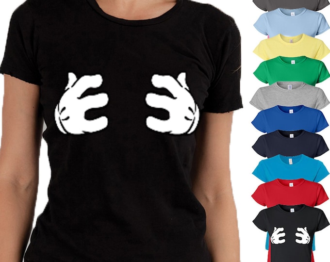 Cartoon Hands HUGGING BREAST Lady TSHIRT Funny Grabby Hands Humor White Gloves Tee Shirt