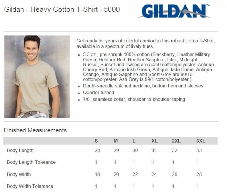 Puede incluir: Una tabla de tallas para una camiseta de algod&oacute;n pesado Gildan, que muestra las medidas en pulgadas para la longitud y el ancho del cuerpo. La tabla incluye las tallas S, M, L, XL, 2XL y 3XL.