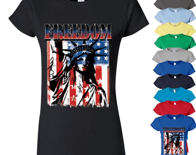 Freedoom The Statue of Liberty Lady Tee Shirt Patriotic Tattered Vintage USA Flag Womens tee American Flag Women Tshirt 4th of July Memorial