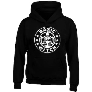 May include: Black hoodie with a white graphic of a witch wearing a pointed hat and the text "BASIC WITCH" in a circle.