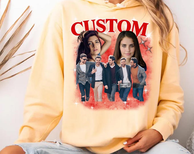Personalized Retro HOODIE Sweatshirt, Comfort Colors Custom Girlfriend Bootleg Crewneck, Boyfriend Photo Sweatshirt, With His Her Face 1467