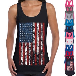 American Flag Distressed Lady TANK TOP Patriotic Tattered Vintage USA Flag Women tee shirt American Flag Womens Tee Racerback Tank Top 4th