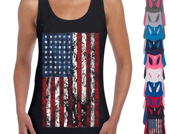 Camiseta sin mangas con espalda deportiva y bandera estadounidense desgastada: camiseta patriótica de EE. UU. para mujer