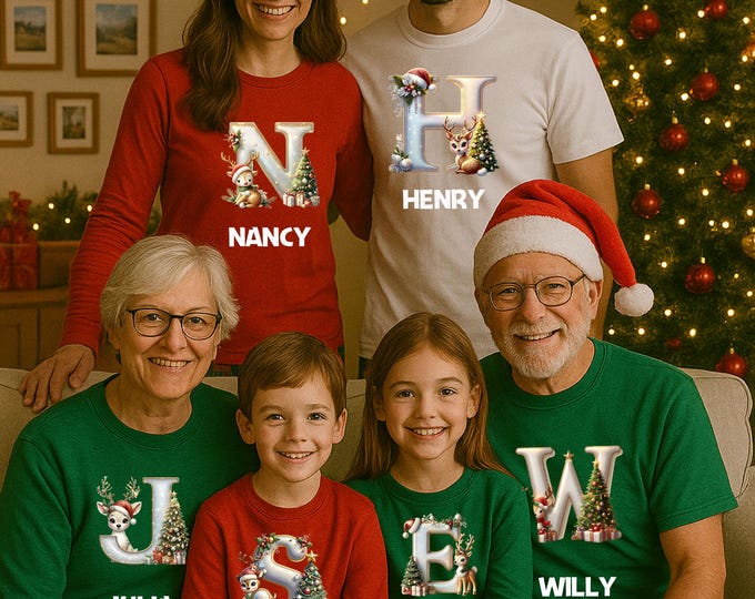 Personalized Christmas Initial Shirt & Sweatshirt – Add Custom Initial + Name – Matching Family Holiday Outfits – Xmas Pajama Shirt